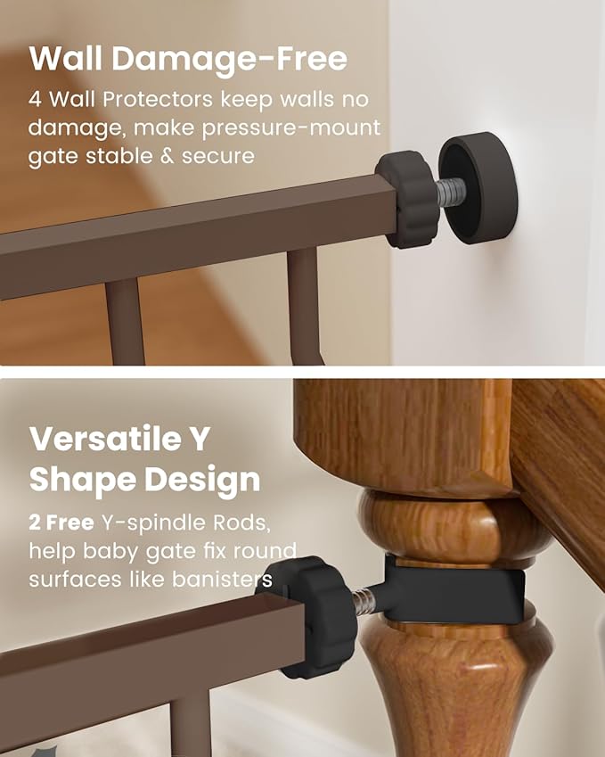 Mom's Choice-GROWNSY Baby Gate for Stairs, 30.5"-48.4" Pressure Mounted Baby Gate for Top of Stair&Doorway with V-Shaped Rods, Anti-Trip Pedal,Wide Stairs Dog Gate Easy Install w/Red Reminder,Brown