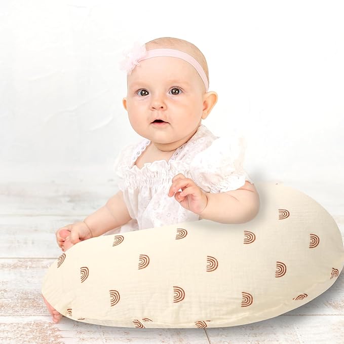 Hooyax Muslin Nursing Pillow Covers 2 Pack, Soft and Breathable Nursing Covers for Breastfeeding Pillows, Adorable Infant Feeding Pillow slipcover for Baby Boy and Girls (Brown Rainbow)