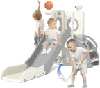 KORIMEFA 7 in 1 Toddler Slide, Kids Slide for Toddlers Baby 1-3 Years Old, Indoor and Outdoor with Basketball Hoop & Golf Set, Plastic Slides for Kids Easy Assembly, Grey