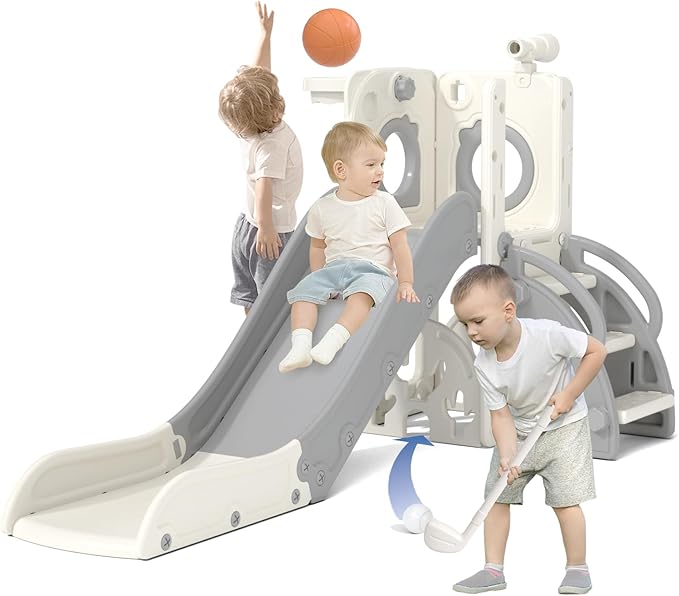 KORIMEFA 7 in 1 Toddler Slide, Kids Slide for Toddlers Baby 1-3 Years Old, Indoor and Outdoor with Basketball Hoop & Golf Set, Plastic Slides for Kids Easy Assembly, Grey