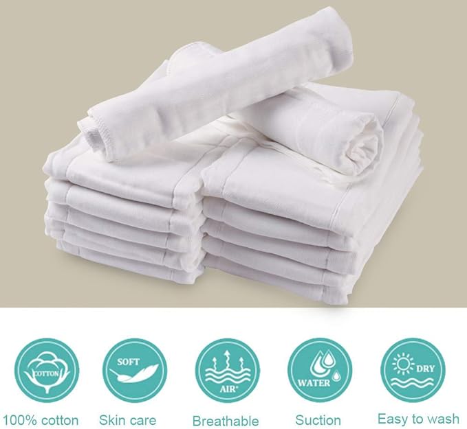 Fasoar Cotton Prefold Cloth Diapers - 100% Unbleached Premium Cotton, 6 Ply Baby Washable Diapers for Babies to Toddlers Multi-Use (10-35 lbs)(6ply 6 Count 01)