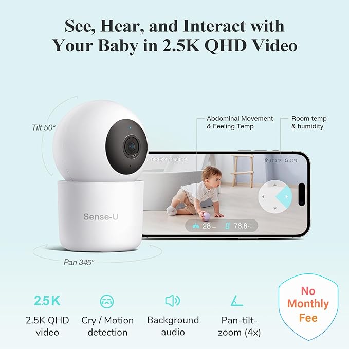Sense-U Pro Smart Baby Monitor Bundle with 2.5K QHD Pan-Tilt-Zoom Camera: Tracks Breathing Movement, Rollover & Overheating with Cry Detection, Background Audio, Security Wi-Fi Video Camera