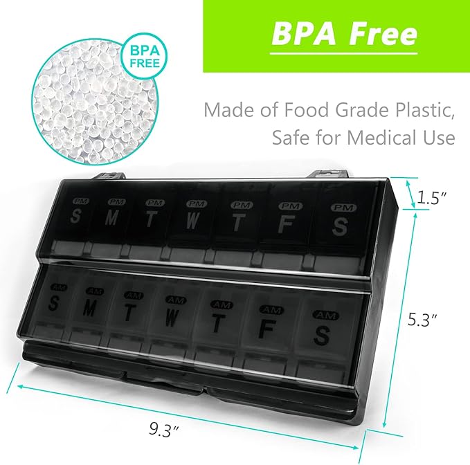 Extra Large Weekly Pill Organizer 2 Times a Day - Remtise Am/Pm Daily Pill Case Medicine Organizer, Push Button 7 Day Pill Box for Pills/Vitamin/Cod Liver Oil/Supplements (Black & White)