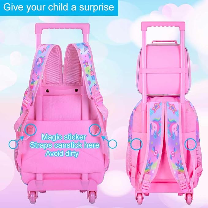 gxtvo Girls Rolling Backpack, Cute Unicorn Roller Wheels Kids Bookbag - Wheeled Elementary School Bag - 3PCS Unicorn