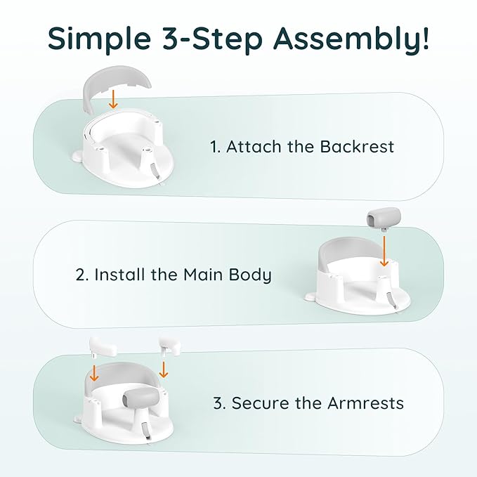 Baby Bath Seat Baby Bathtub - with Strong Suction Cups and 360° Surround Support – Easy Release, Non-Slip Cushion, Lockable Armrests – Infant Bath Chair for Babies 6-24 Months, Grey