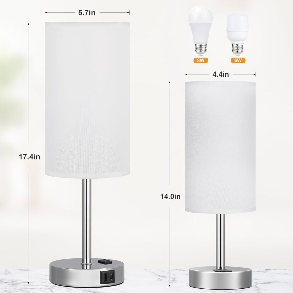 17.4Inch Bedside Touch Table Lamps for Bedroom - Tall Nightstand Lamp with USB-C USB-A Charging Ports White - 3 Way Dimmable Small Desk Lamp for Office, Dorm Room, Living Room, Reading