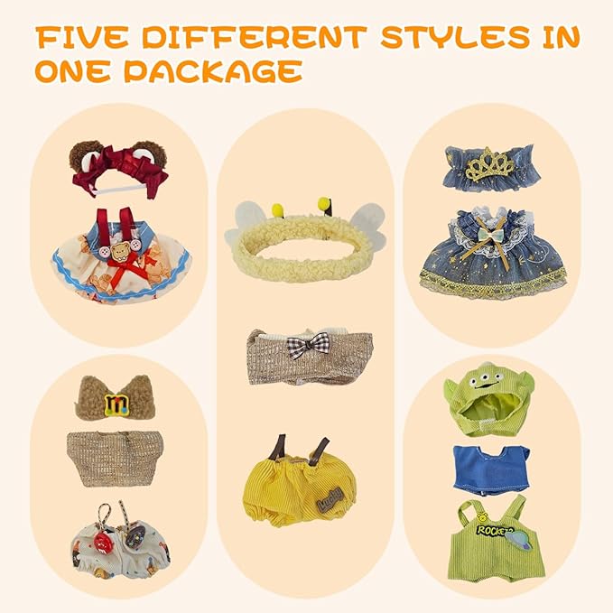 5 Complete Style Clothes Sets for 17cm Dolls - Hat & Overalls Dress Up Outfit for 17cm 15cm Dolls,Designer Outfits Bundle with Luxury/Cute/Sporty Themes, Gift for Doll Lovers (Cute, 17cm/15cm)
