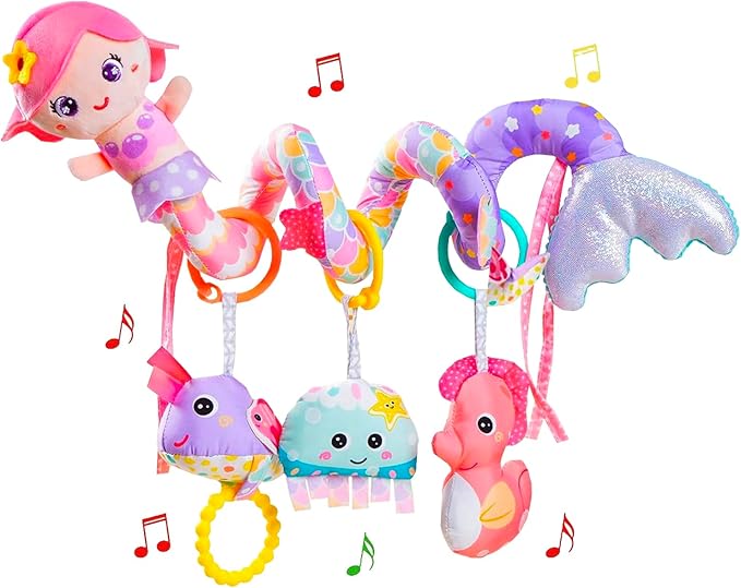 Baby Car Seat Toys, Car Seat Toy for Babies Infants 0-6 Months Activity Spiral Mermaid Hanging Stroller Toys Gift for Baby Girls 0 3 6 12 Months Newborns Sensory Toys with Rattles Squeaker Music- Pink