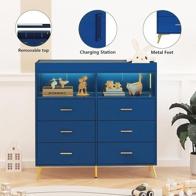Dresser for Bedroom with LED Lights and Power Outlet, Baby Changing Table Dresser with 6 Drawers, 2 Open Storage Shelves, Baby Diaper Station with Changing Table Top (Blue)