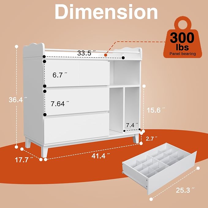 Nursery Dresser with Changing Table Top, Tall Changing Table Dresser of Bedroom, Wooden Dressers & Chests of Drawers, 4 Drawers with 2 Open Shelves, White