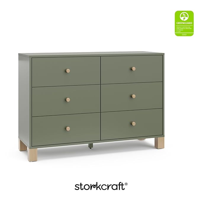 Storkcraft California 6-Drawer Double Dresser (Olive with Driftwood) - GREENGUARD Gold Certified, Interlocking Drawer System, Dresser Drawer Organizer for Kids Bedroom