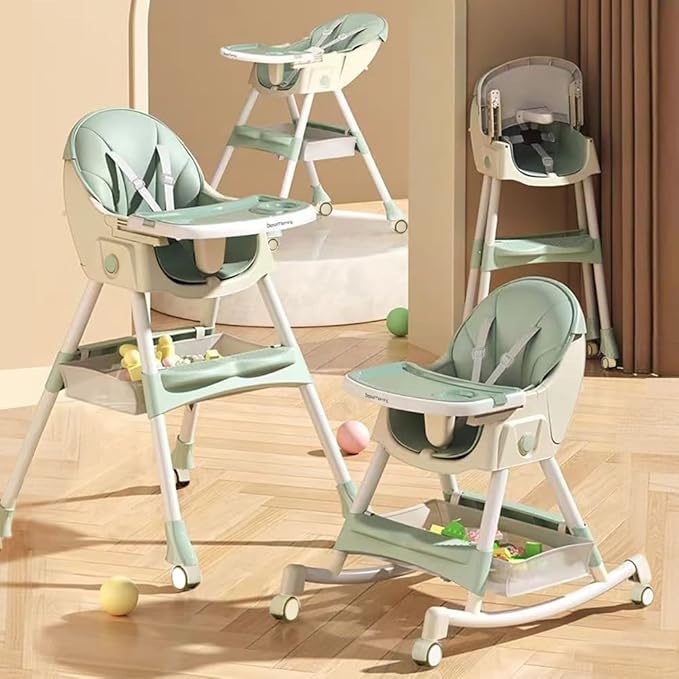 High Chairs for Babies and Toddlers, 4 in 1 Convertible Baby High Chair, Portable High Chair for Travel with Adjustable Height and Back, Foldable HighChair with Wheels& Pu Cushion (Green)