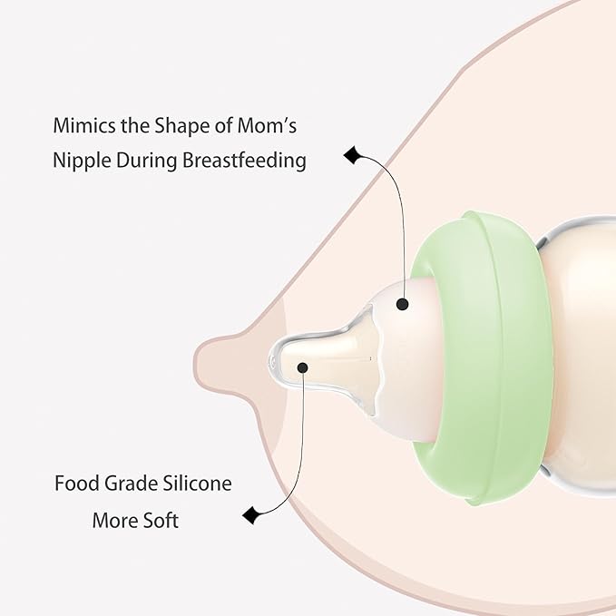 YOHKOH Natural Glass Baby Bottle with Natural Response Nipple, Newborn Anti-Colic Baby Bottles, Wide Neck Mushroom Cap Baby Bottle, Clear (Green, 3.4oz (Pack of 2))