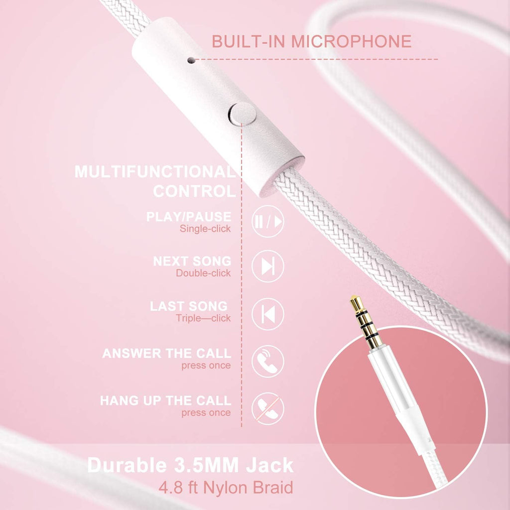 LORELEI X6 Over-Ear Headphones with Microphone, Lightweight Foldable & Portable Stereo Bass Headphones with 1.45M No-Tangle, Wired Headphones for Smartphone Tablet MP3 / 4 (Pearl Pink)