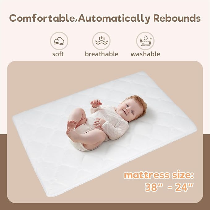 Baby Bassinets Bedside Sleeper - Portable Pine Wood Bedside Bassinet with Mattress,3 Heights Small Mini Crib,Baby Crib for Newborns,Unpainted