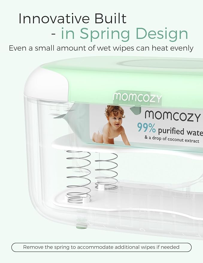 Momcozy New Baby Wipe Warmer, 100pcs Larger Capacity Wipe Dispenser, 10-Min Fast Heating with 4 Temperature Modes, Innovative Spring Design, Silicone & Top Seals,Quick Even Heating, 3-Level Nightlight