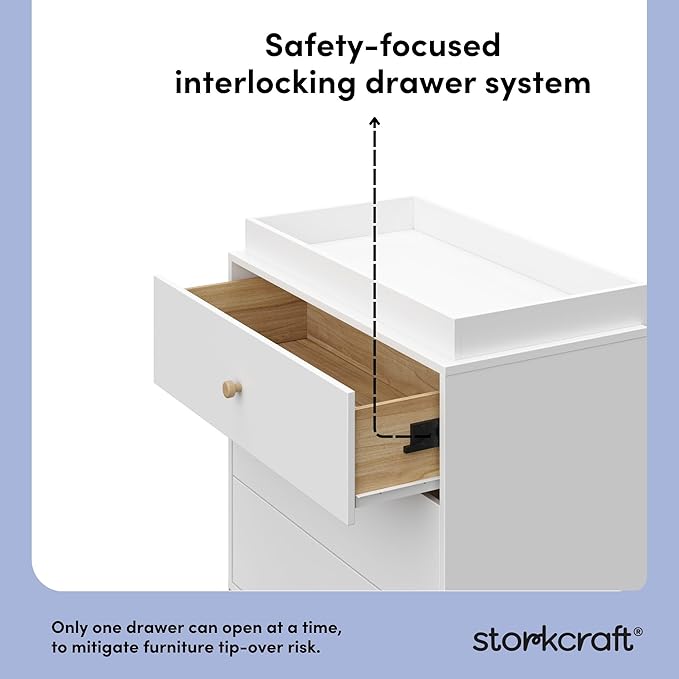 Storkcraft California 3-Drawer Chest with Removable Changing Topper (White with Driftwood) – GREENGUARD Gold Certified, Interlocking Drawer System, Pre-Installed Tracks, Easy Assembly
