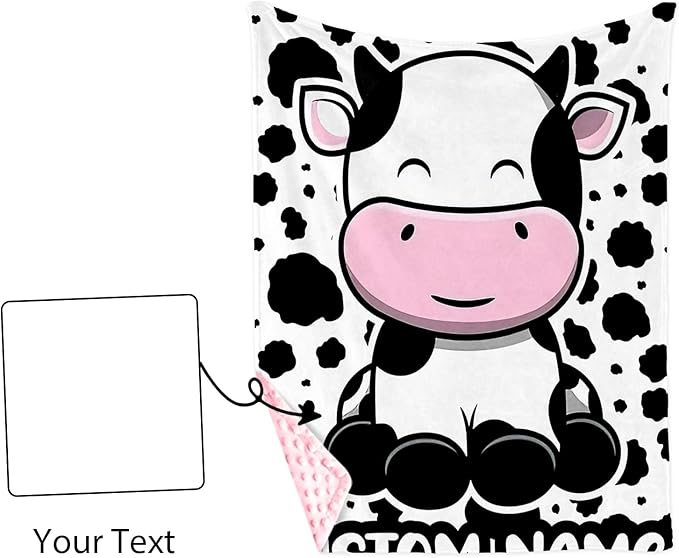 Personalized Baby Blankets for Girls, Custom Name White Cow Pattern Baby Blanket, Soft Minky Dot Blanket for Newborns and Toddlers, Ideal for Baby Showers Christmas Brithday Gifts