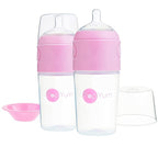 PopYum 9 oz Pink Anti-Colic Formula Making/Mixing/Dispenser Baby Bottles, 2-Pack with #2 Medium Flow Nipples, 260 ml, BPA-Free, Natural Latch