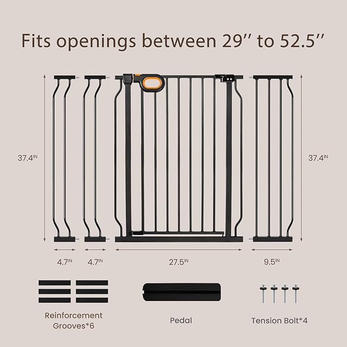 owlie 37.4" Extra Tall Wide Baby Gate for Stairs Doorways,29-52 Inch Extra Large Long Baby Gate with Door Indoor Safety Metal Pressure Mounted Pet Gate with Walk-Thru Auto Close, Black