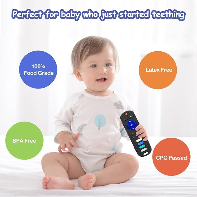 Silicone Baby Teething Toys, TV Remote Teethers for 6-12-18 Months Infant, TV Remote Control Shape Toddlers Silicone Teethers, Chew Toys for Boys and Girls (Black)