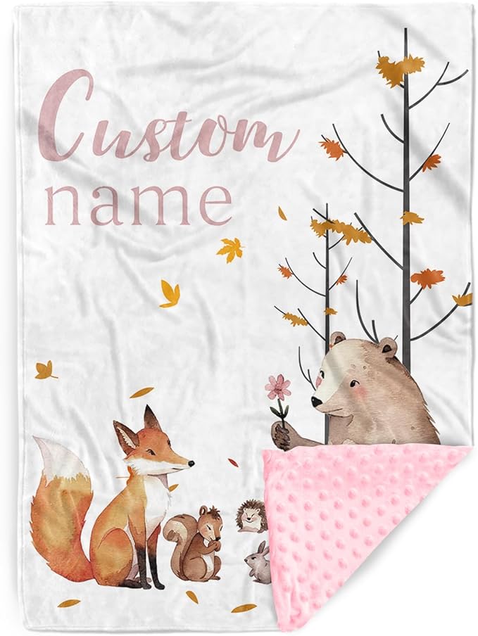Personalized Infant Blanket – Soft Flannel with Double-Layer Dotted Backing – Fox and Animals Design – Ideal for Babies and Toddlers