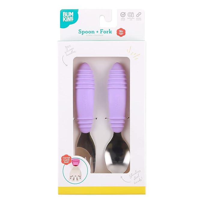 Bumkins Toddler Utensils, Kids Size Fork and Spoon Set, Silicone and Stainless-Steel Training Silverware, Angled Forks / Sporks for Self-Feeding, Children Hold Learning to Eat, 18 Months Up, Lavender