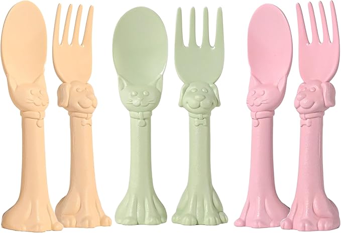 Made in USA Spoon la la Toddler Utensils Set - 6 Pack (3 Spoons & 3 Forks for Kids) - Self-Standing 3D Ergonomic Cat & Dog Handles - BPA-free, Dishwasher Safe, Baby Silverware (Pink, Yellow, Mint)