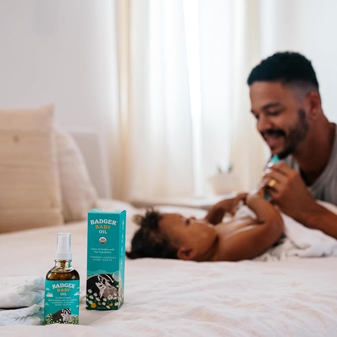 Badger Baby Oil, 100% Organic Ingredients to Soften & Moisturize Dry Skin or Cradle Cap, Soothing Vegan Organic Baby Oil, 4 fl oz Glass Bottle