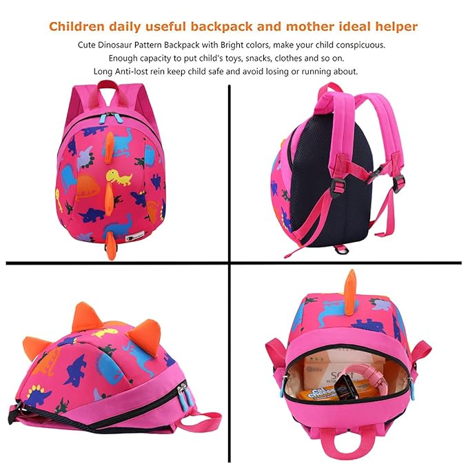 DB Dinosaur Toddler Mini Backpack with Leash, Children Kids Baby Harness Bookbag (Rose Pink)