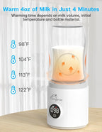 Bottle Warmer, Portable Bottle Warmer, Fast Heating Baby Bottle Warmer with 4 Adapters, Rechargeable Travel Bottle Warmer with Precise Temperature Control for Breastmilk Formula