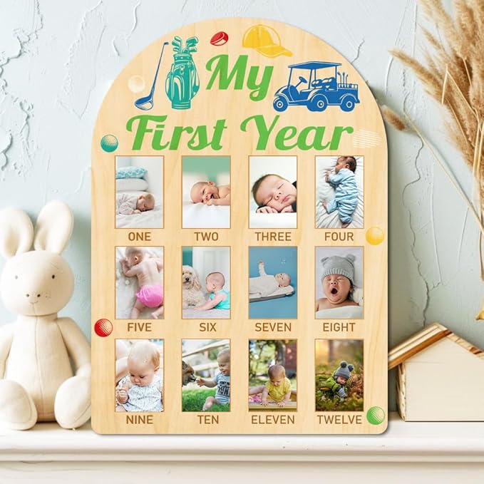 ORIGACH My First Year Baby Growth Photo Display Wood Board - 12 Months Newborn Milestones Photo Board - Neutral Baby Keepsake Frame 1st Birthday Party Nursery Decor New Mom Gift - Golf Element