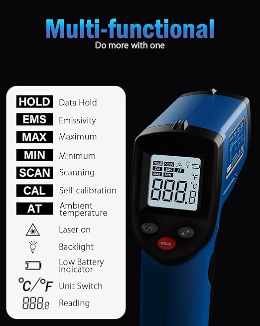 Infrared Thermometer Laser Temperature Gun, Digital Surface Heat Temp Gun Non-Contact for Cooking Food, Pizza Oven, Griddle Meat, Refrigerator, HVAC, Grill, Engine -58 to 752°F (GM321-2)