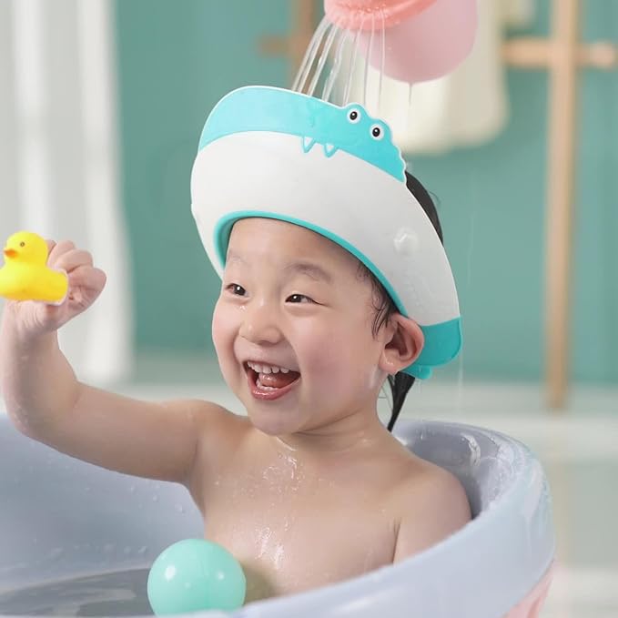 Baby Shower Cap Shield, Shower Cap for Kids, Visor Hat for Eye and Ear Protection for 0-9 Years Old Children,Cute Dinosaur/Crocodile/Hippo shape Makes the Baby Bath More Fun (Crocodile, Blue)