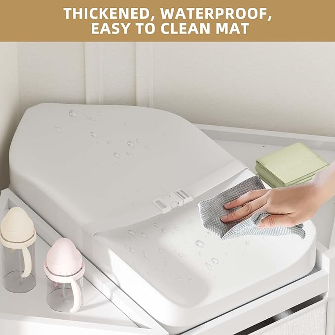 YUFU Baby Corner Changing Table with Storage Drawers, Portable Diaper Changing Station with Baby Changing Pad, Modern Wood Changing Table Dresser for Infants and Toddlers (White)