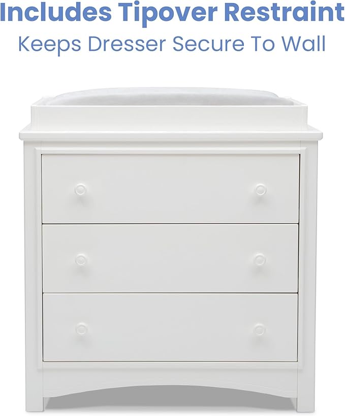 Delta Children Perry 3 Drawer Dresser with Changing Top and Interlocking Drawers, Bianca White