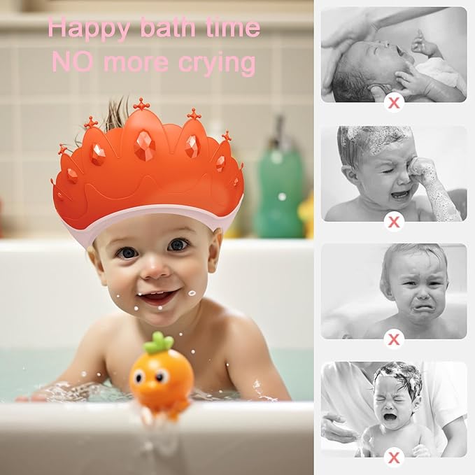 Baby Shower Cap Shield, Baby bath set shower cap, Visor Hat for Eye and Ear Protection for 0-9 Years Old Children,Cute Crown Shape Makes the Baby Bath More Fun (Red)