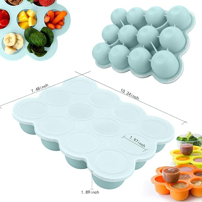 Samuelworld Baby Breast Milk and Food Storage Container, 12 Portions x 2.5oz, Stackable Food Grade Silicone Tray with Clip-On Hard Lid for Homemade Purees, Vegetables & Fruits - Teal