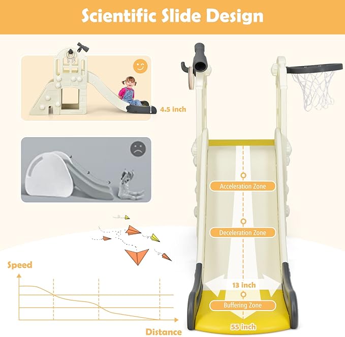 BABY JOY Toddler Large Slide, 6 in 1 Slide for Kids with Basketball Hoop, Ring Toss, 2 in 1 Convertible Climbing Way, Freestanding Kids Slide Climber Set for Indoors Outdoor Boys Girls Gifts Present