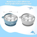 2 Pack Stainless Steel Baby Bowls with Suction, Toddler Bowls with Removable Silicone Shell for Kids, Non-Slip Toddler Baby Feeding Set Dishwasher Safe-Gray & Blue