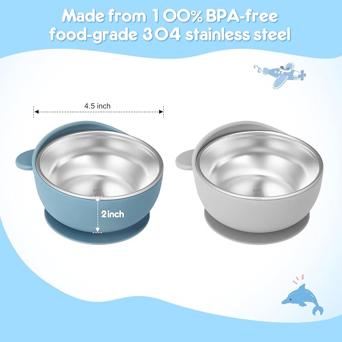 2 Pack Stainless Steel Baby Bowls with Suction, Toddler Bowls with Removable Silicone Shell for Kids, Non-Slip Toddler Baby Feeding Set Dishwasher Safe-Gray & Blue