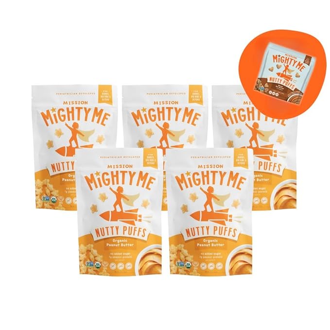 Mission Mighty Me Nutty Puffs Organic Peanut Butter Puffs for Babies + Kids - Pediatrician Developed, Plant-Based Gluten-Free Baby Snack - Peanut, and Tree Nut (6 Pack - 5 Pack Plus Mixed Nut Sample)