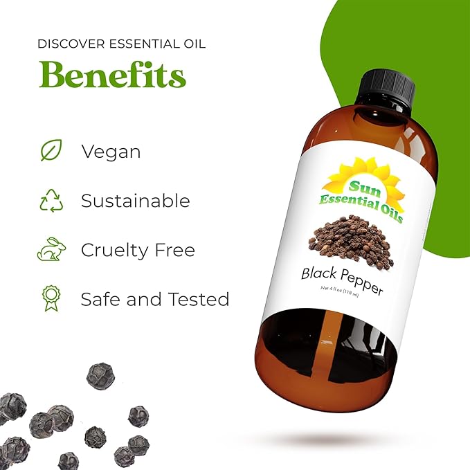 Sun Essential Oils - Black Pepper 4oz Bottle for Diffuser, Humidifier, Aromatherapy, Self and Home Care - Black Pepper Oil - Aromatherapy Oil