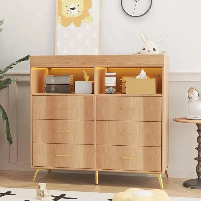 Dresser for Bedroom with 6 Drawers, Multi-Functional Nursery Dresser with LED Lights & Charging Station,Baby Changing Table Table with Diaper Changing Station