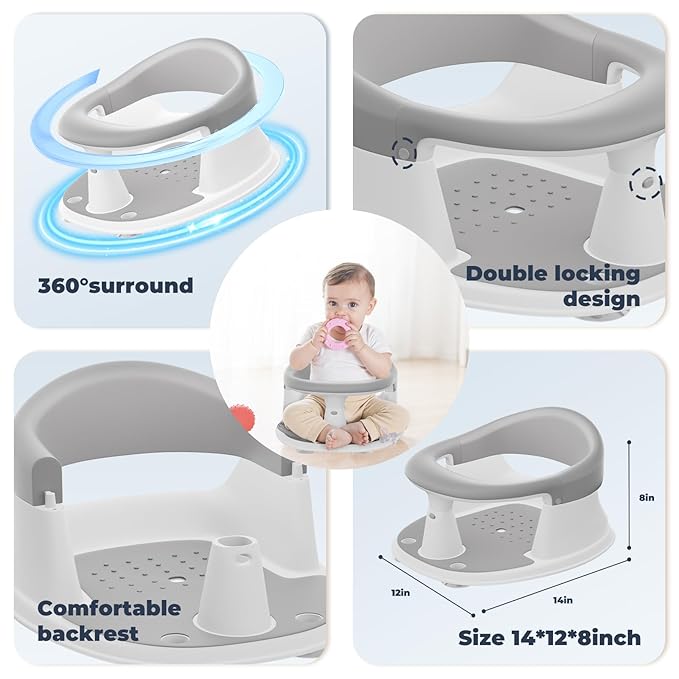 Baby Bath Seat-for Babies 6 Months & up with Temperature Alert+Soft Cushion+Suction, Toddler Bath Seat for Baby, Sitting Up with Baby Bathtub Seat, Grey