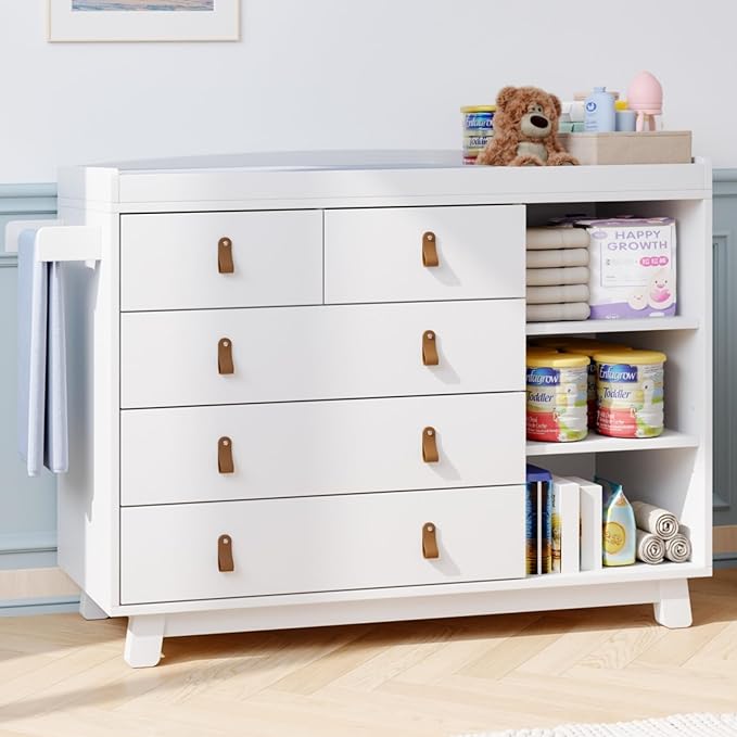 Baby Dresser with Changing Table Top, Nursery Dresser with 5 Drawers and Adjustable Shelves, Storage Organizer for Kids Bedroom, White