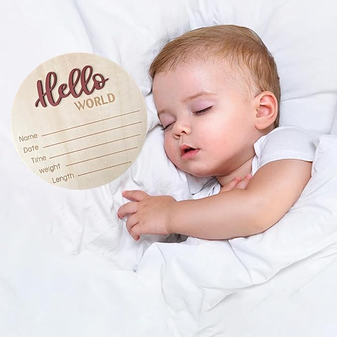 Baby Announcement Sign, 5.9 Inch Wooden Hello World Newborn Signs, Birth Announcement Sign, Baby Shower Hospital Nursery for Newborn Boys and Girls (Tea Red)