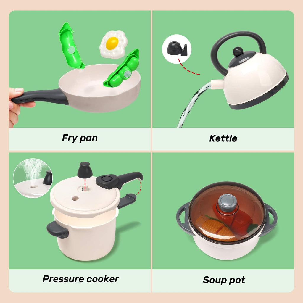 CUTE STONE Pretend Play Kitchen Toy with Cookware Steam Pressure Pot and Electronic Induction Cooktop, Cooking Utensils, Toy Cutlery, Cut Play Food, Shopping Basket Learning Toy for Girls Boys