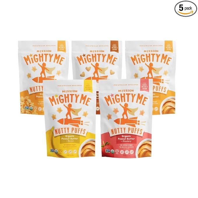 Mission Mighty Me Nutty Puffs All-Flavor Variety Pack - Organic Peanut Butter and Mixed Nut Butter Puffs for Babies + Kids - Pediatrician Developed - USDA Organic, Plant-Based Protein, Gluten-Free Snack (1.5oz, 5-Pack)