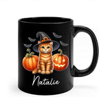 Custom Halloween Orange Tabby Coffee Cup, Personalized Name Orange Tabby with Pumpkins Ceramic Mug, Cat Witch Pumpkin Mug 11oz 15oz, Pet Cat Halloween Black Cup, Gift Idea for Pet Enthusiast